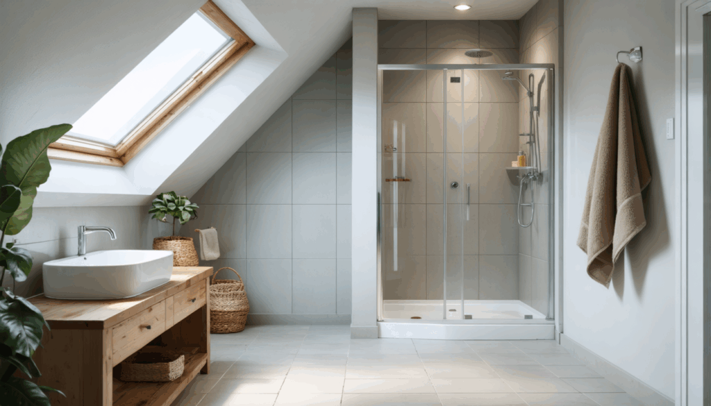 découvrez nos idées d'aménagement des combles avec une salle de bain élégante et moderne, comprenant une douche à l'italienne. profitez d'un espace optimisé et fonctionnel sous les combles tout en alliant esthétisme et confort. transformez vos combles en un véritable havre de paix.